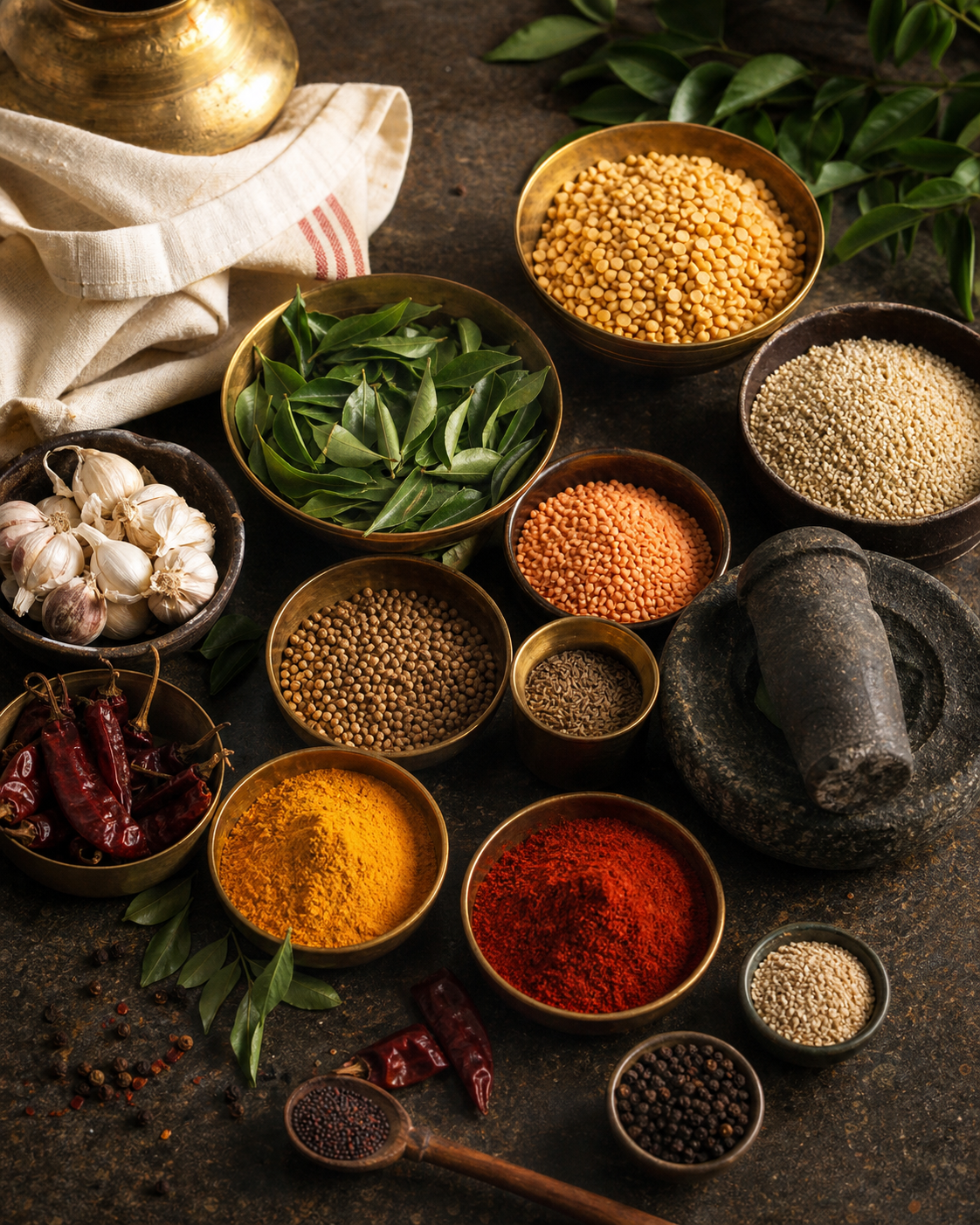 Traditional spices, lentils and curry leaves