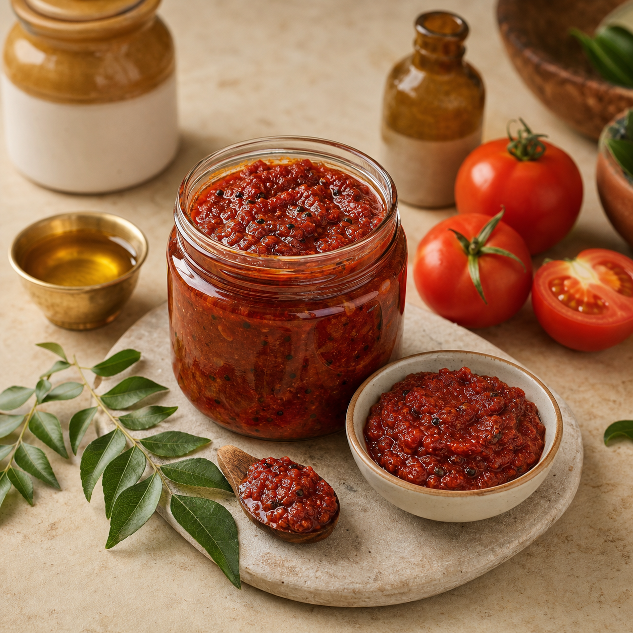 Homestyle tomato thokku with ripe tomatoes and curry leaves